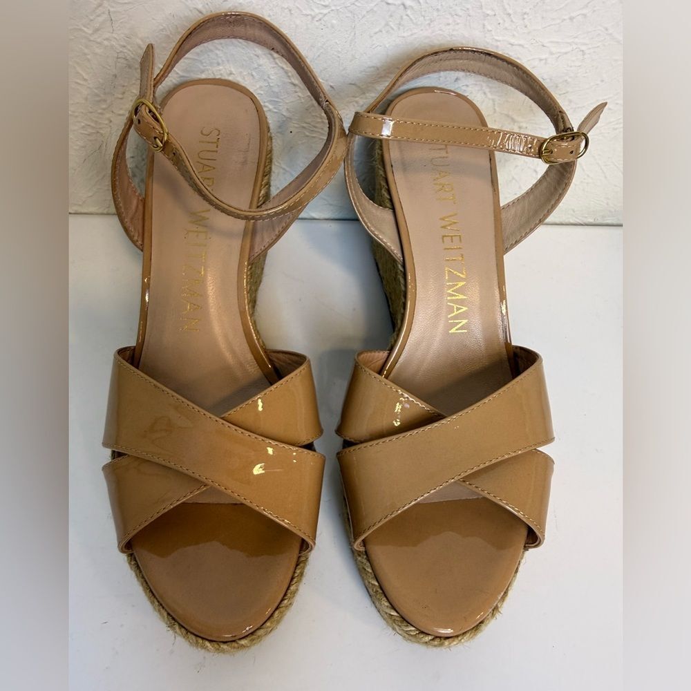 Stuart Weitzman Rosemarie Patent Leather Wedge Espadrille Sandals Size 7 - Picture 2 of 9